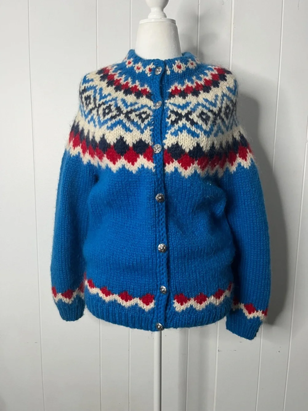 Icelandic 100% Wool Blue Fair Isle Women's Cardigan Sweater Chunky Knit Size L - Picture 3 of 7